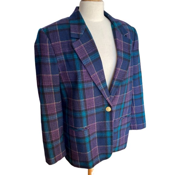Southern Lady Vintage Oversize Wool Blend Tartan Plaid Blazer Fall Aesthetic-16P - Picture 12 of 12